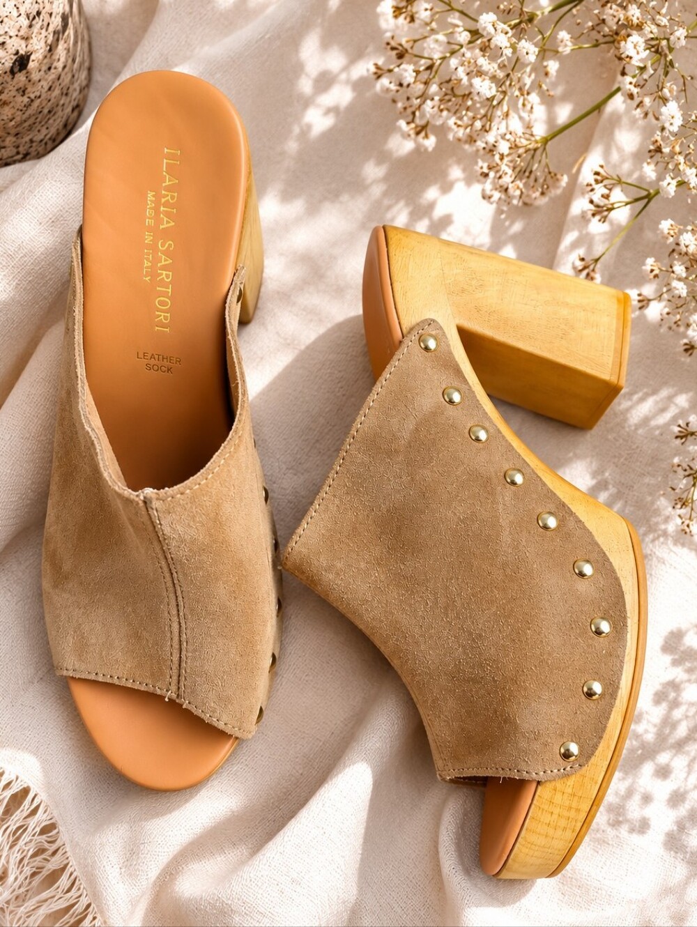 Ilaria Sartori Made in Italy Suede Wooden Clog Mules EU 38 US 8 70s Boho
